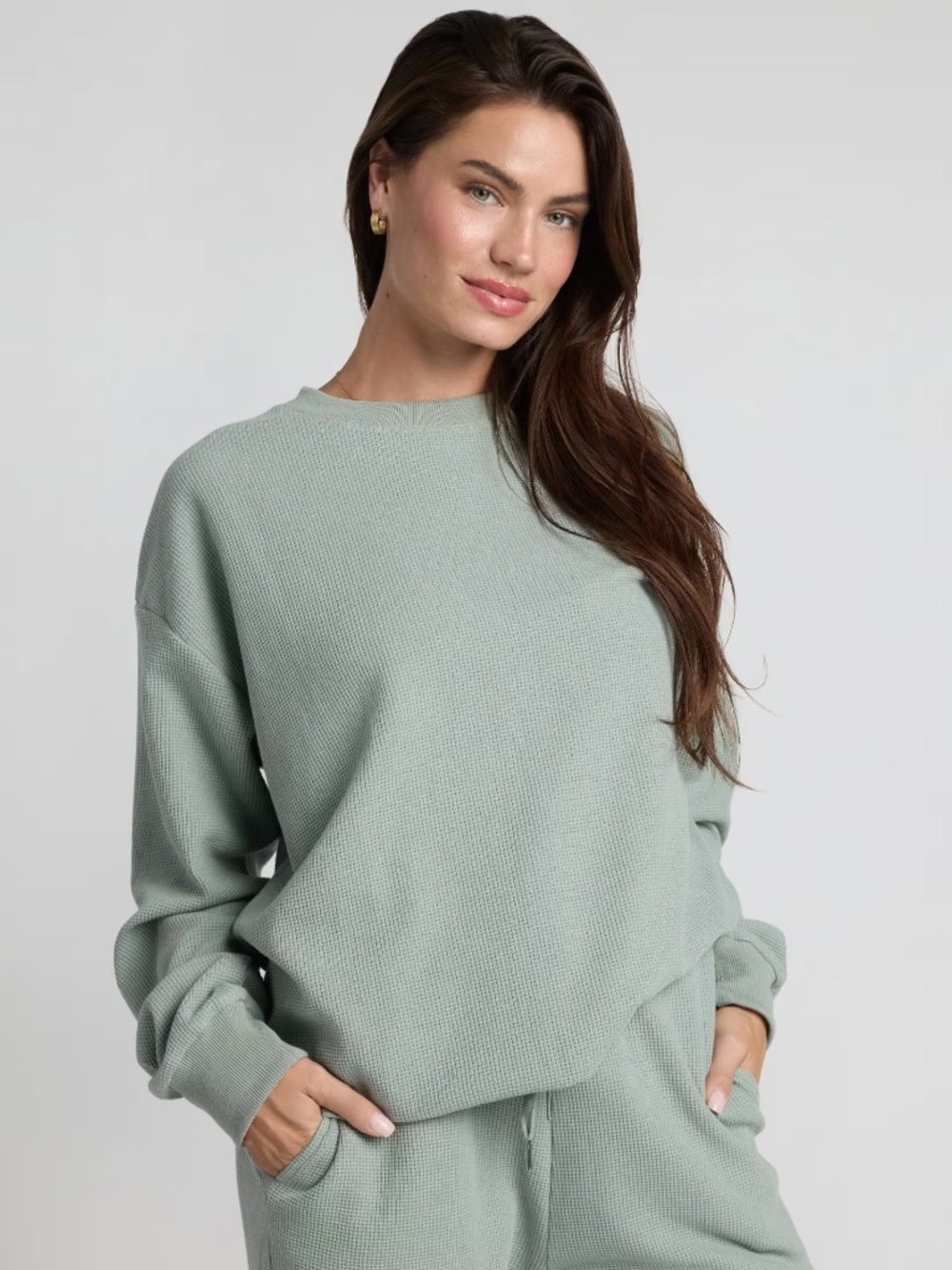Comfrt Waffle Lounge Long Sleeve shirt in Sage green